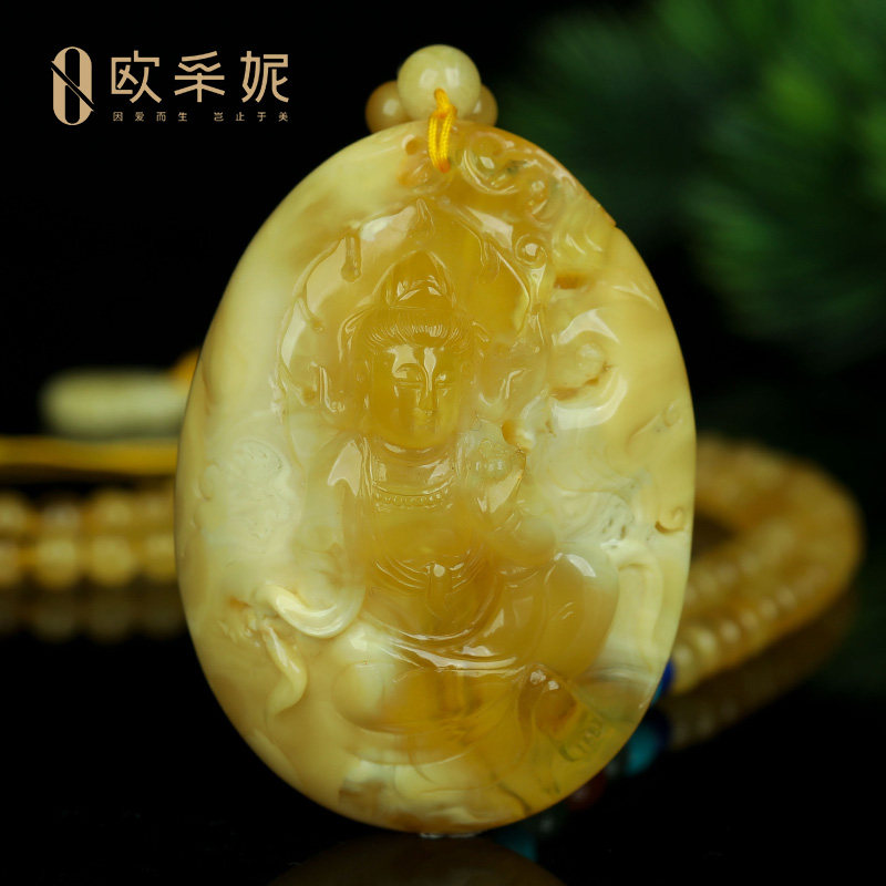 蜜蜡吊坠【收藏孤品菩萨挂坠】天然无优化原矿琥珀白花满蜜挂坠
