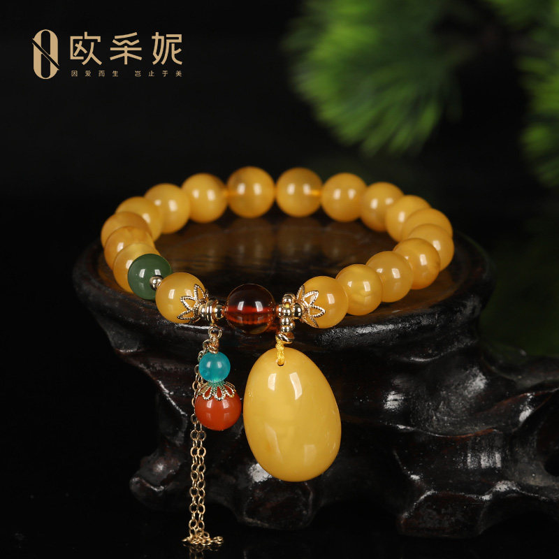 蜜蜡手串天然原石琥珀满蜜鸡油黄蜜蜡水滴珠子女款多宝diy手链