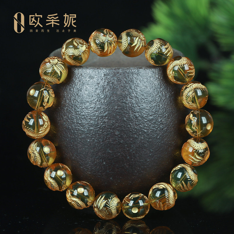 欧采妮蓝珀手串【龙纹雕刻孤品】天然原石琥珀佛珠高蓝净水级手链