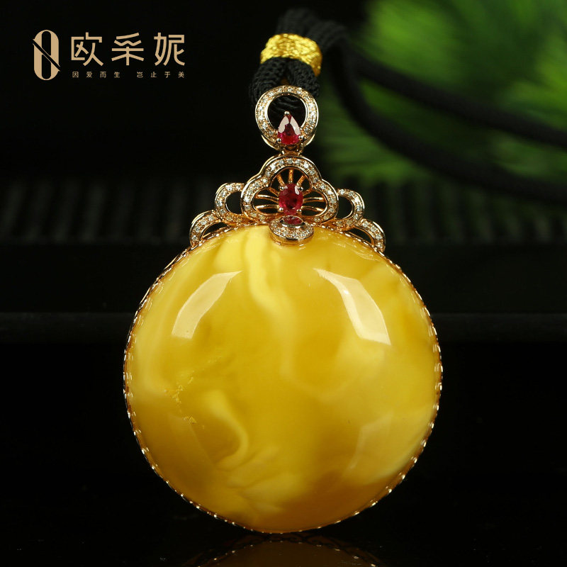 蜜蜡吊坠【珍藏圆牌】18k金镶天然白花蜜波罗的海琥珀挂链孤品
