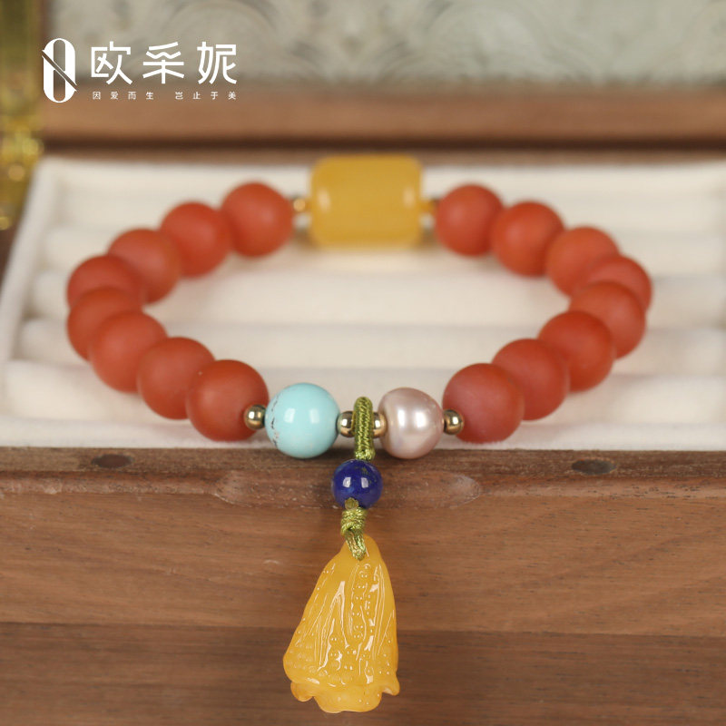 欧采妮天然蜜蜡南红手串