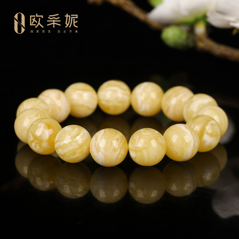 蜜蜡手串【收藏孤品金瓷白手串】天然琥珀原石白花新满蜜手链孤品