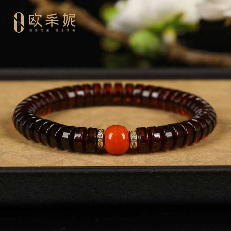 欧采妮血珀手串天然琥珀药片配老形南红单圈设计diy款手串送礼物