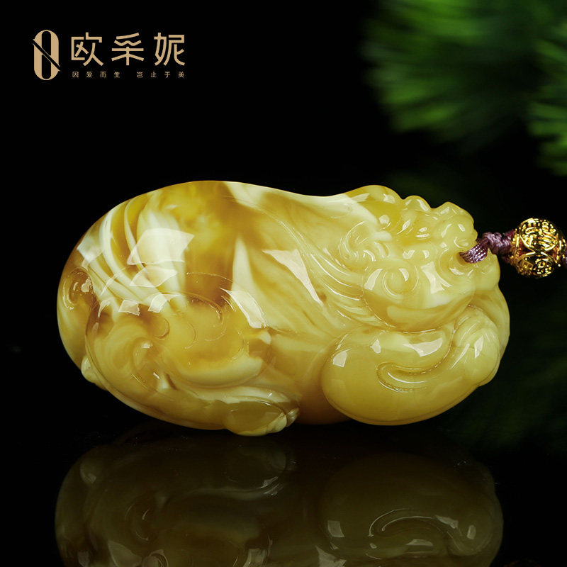 蜜蜡吊坠【珍藏貔貅雕刻件】天然原石琥珀白花蜜挂坠项链孤品俄料