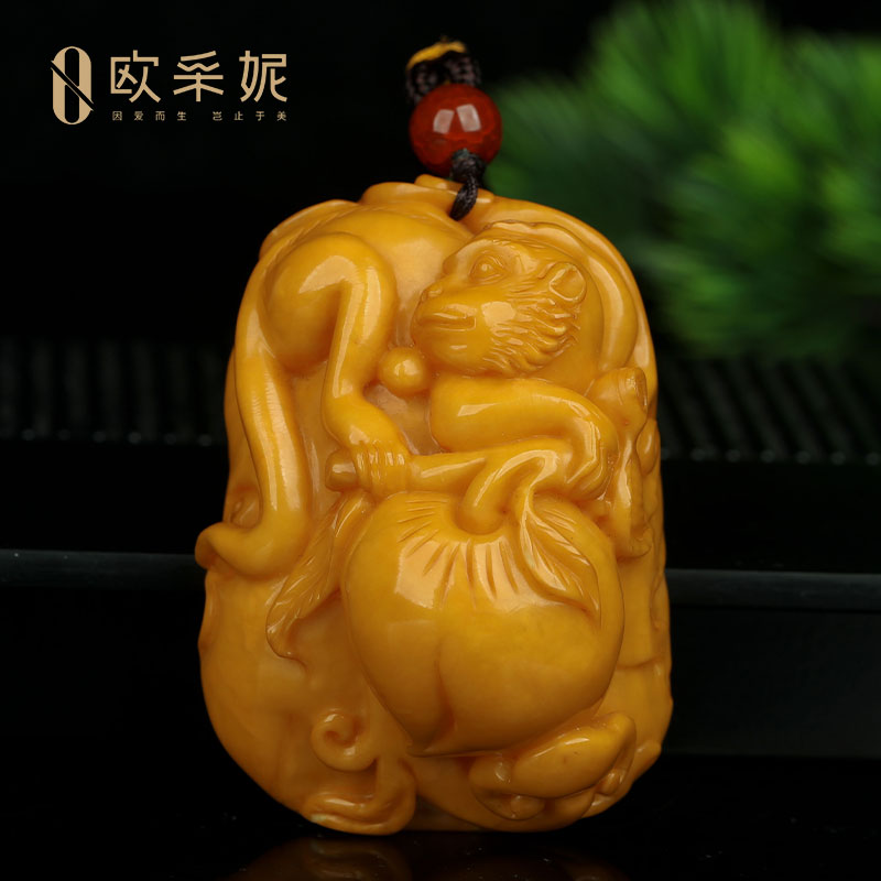 蜜蜡吊坠【收藏仙猴抱桃挂坠】天然老花蜡原矿琥珀满蜜挂坠手把件