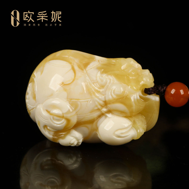 欧采妮蜜蜡吊坠【珍藏妖花貔貅孤品】天然原石琥珀白花新满蜜挂链