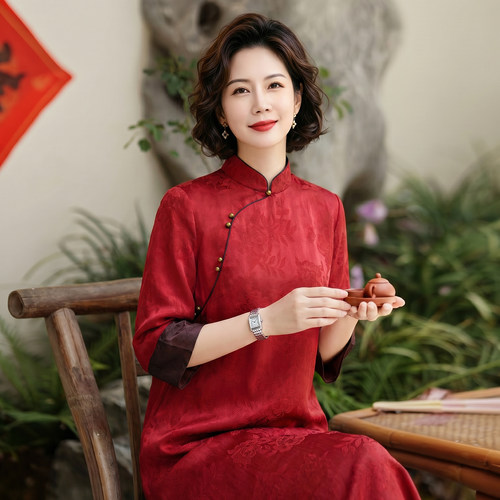 香云纱连衣裙立领七分袖复古国风端庄大气妈妈婚礼喜宴敬酒旗袍裙