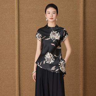 墨菊雅韵真丝桑蚕丝女轻奢高级感上衣2025夏季新款印花气质衬衫