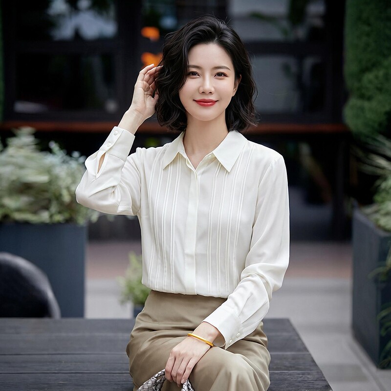 2026秋季新款女装白色长袖桑蚕丝衬衫宽松褶皱设计感真丝上衣