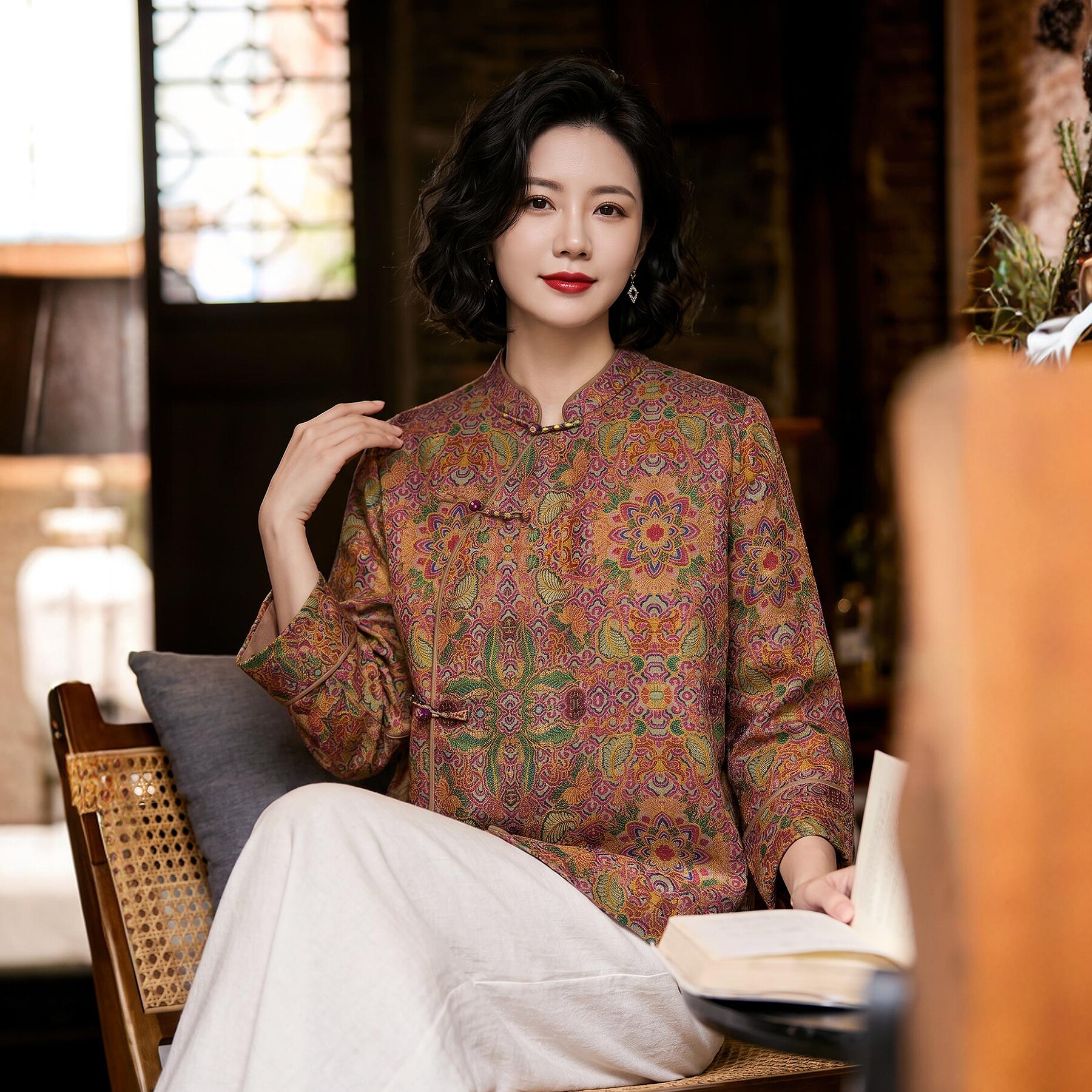 中年妈妈香云纱上衣女2026秋季新款中式长袖真丝桑蚕丝衬衫外套