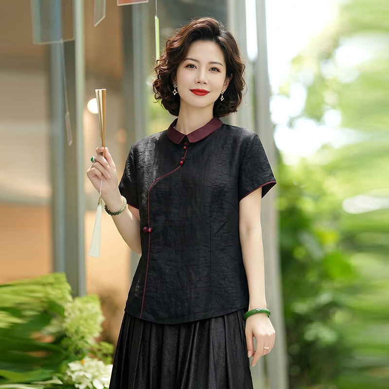 雅颂品牌香云纱上衣桑蚕丝年轻款2026新款短袖真丝桑蚕丝妈妈小衫
