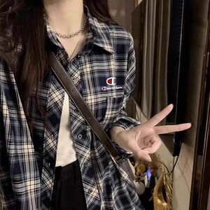 校园冠军格子衬衫外套女春秋季2024新款宽松休闲慵懒风显瘦上衣潮