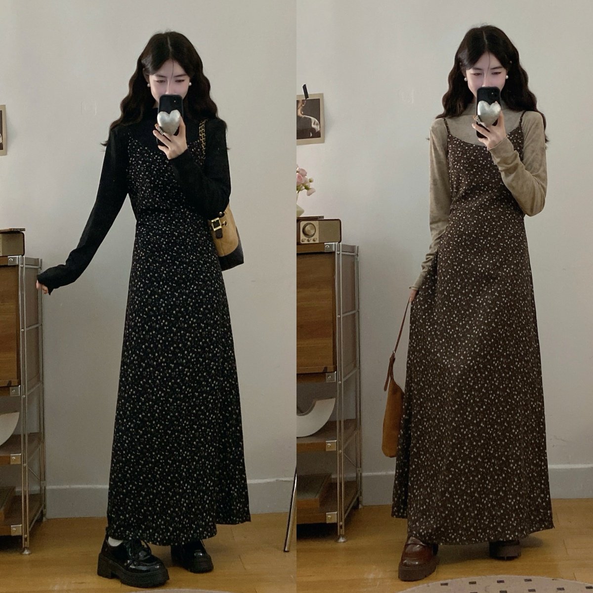 大码设计感撞色假两件碎花连衣裙女秋冬胖mm收腰显瘦减龄长款裙子