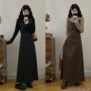 大码设计感撞色假两件碎花连衣裙女秋冬胖mm收腰显瘦减龄长款裙子