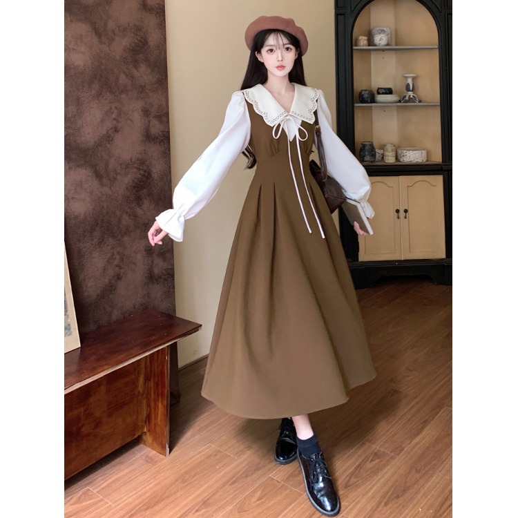 法式翻领气质连衣裙女撞色假两件