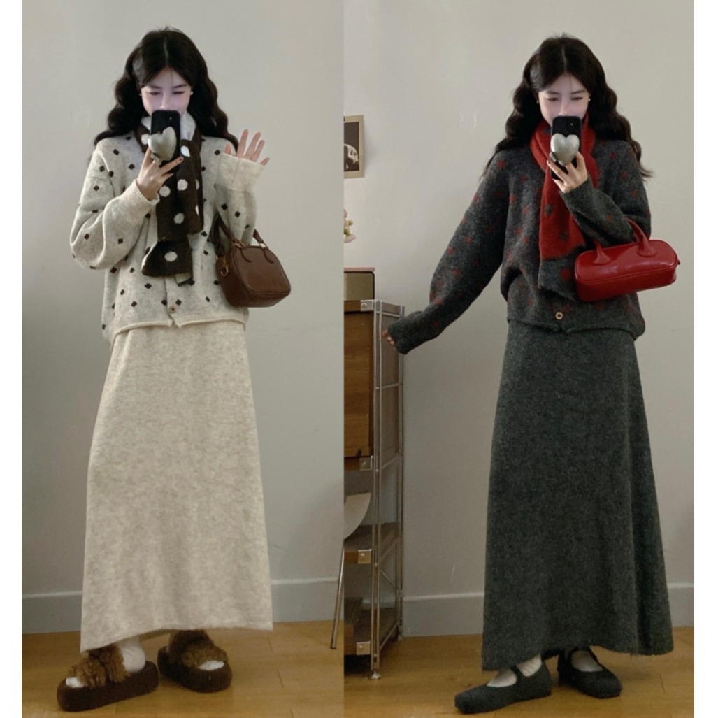 波点针织衫+半身裙遮肉显瘦套装