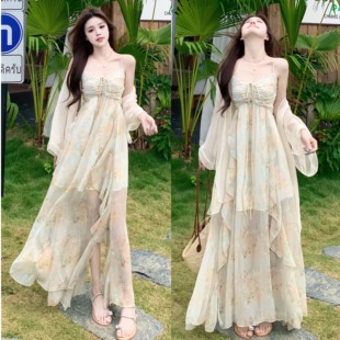 大码度假风油画吊带连衣裙女夏季胖mm超仙气碎花长裙子开衫两件套