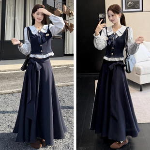 大码 上衣女春秋胖mm减龄显瘦衬衣半身伞裙两件套 学院风假两件长袖