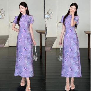 大码新中式国风年轻款旗袍连衣裙女夏胖mm气质收腰显瘦绝美长裙子