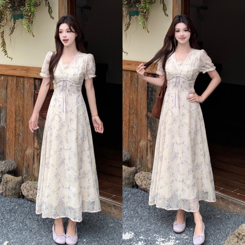 大码夏季法式复古V领茶歇碎花连衣裙女微胖mm气质显瘦收腰长裙子