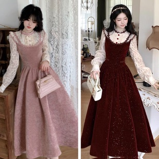 大码宫廷风丝绒长袖礼服连衣裙女秋冬微胖mm收腰气质仙女长裙子