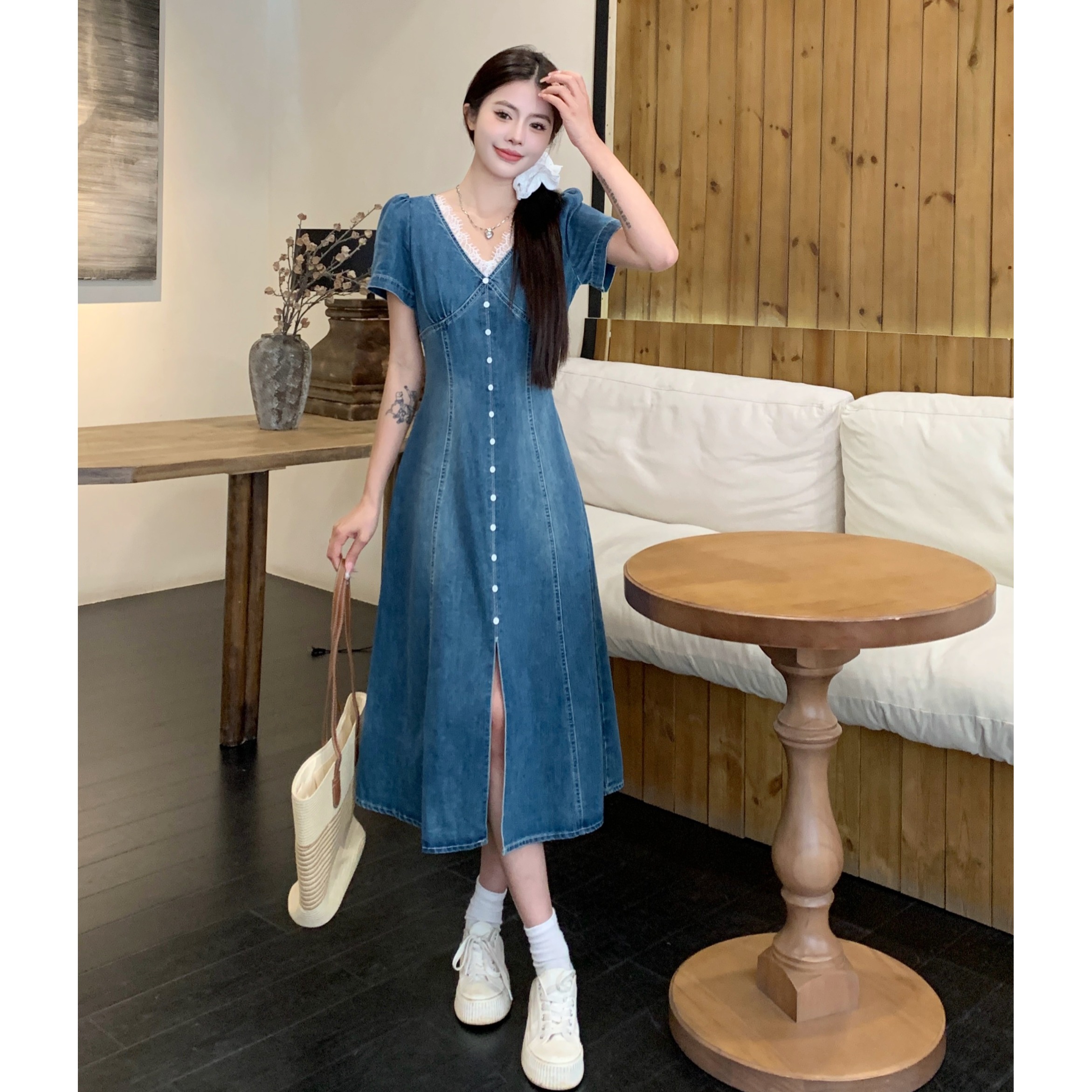 大码港风复古短袖牛仔连衣裙女夏胖mm时尚收腰显瘦蕾丝拼接长裙子