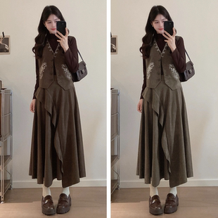 大码老钱风套装连衣裙女春秋季胖mm高级感时尚马甲半身裙子三件套