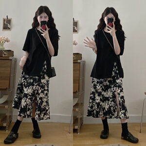 大码搭配一整套连衣裙子女夏季胖mm开叉短袖上衣碎花半身裙两件套