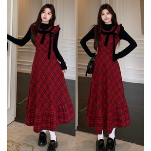 大码圣诞新年战袍假两件格纹连衣裙女秋冬胖mm减龄显瘦气质长裙子