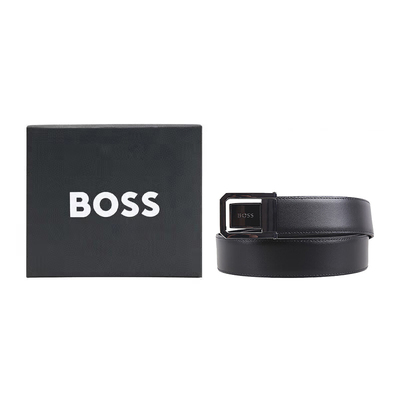 HUGO BOSS 雨果博斯2025春夏新品男士牛皮双面礼盒装黑色腰带皮带