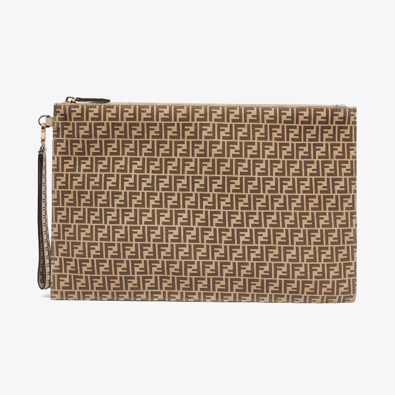 fendi 芬迪 男女同款牛皮手拿包米色棕色ff老花logo图案大号手包