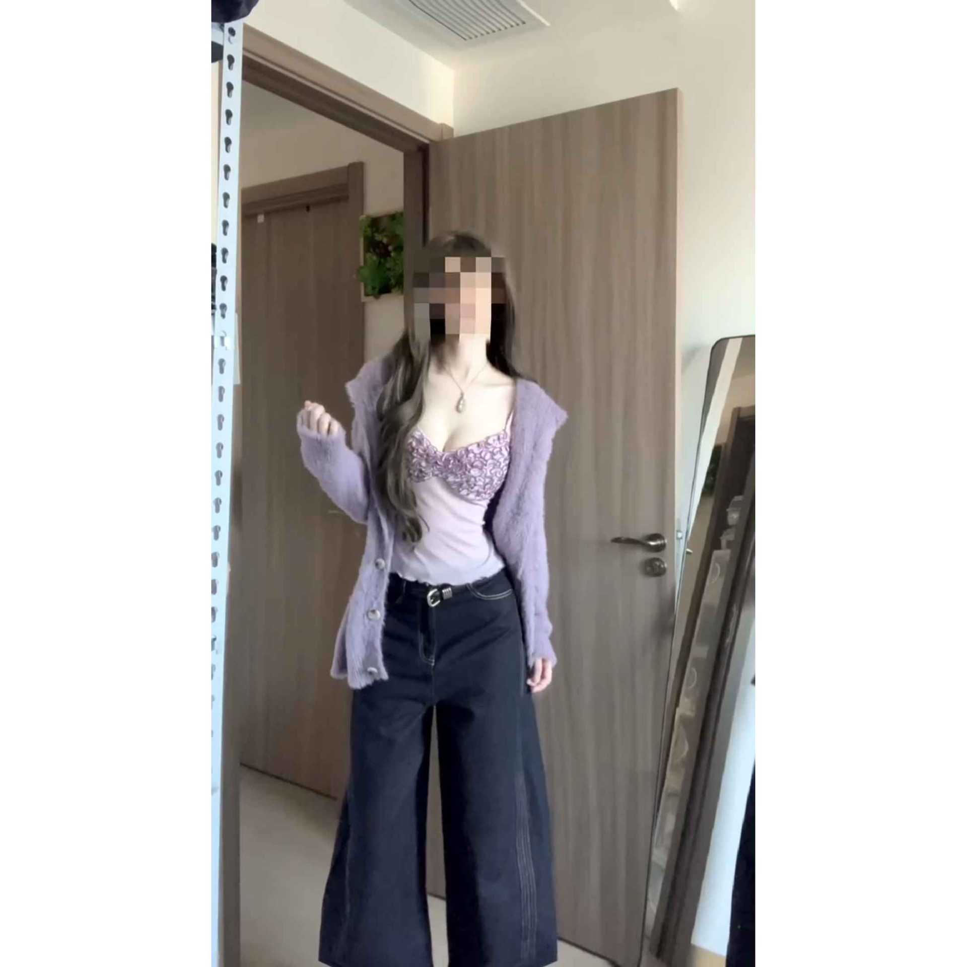 少女风纯欲辣妹紫色连帽毛衣外套花边吊带修身牛仔裤子