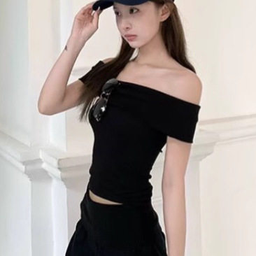 一字领露肩T恤女 夏季新款纯欲辣妹上衣天丝亚麻休闲阔腿裤两件套