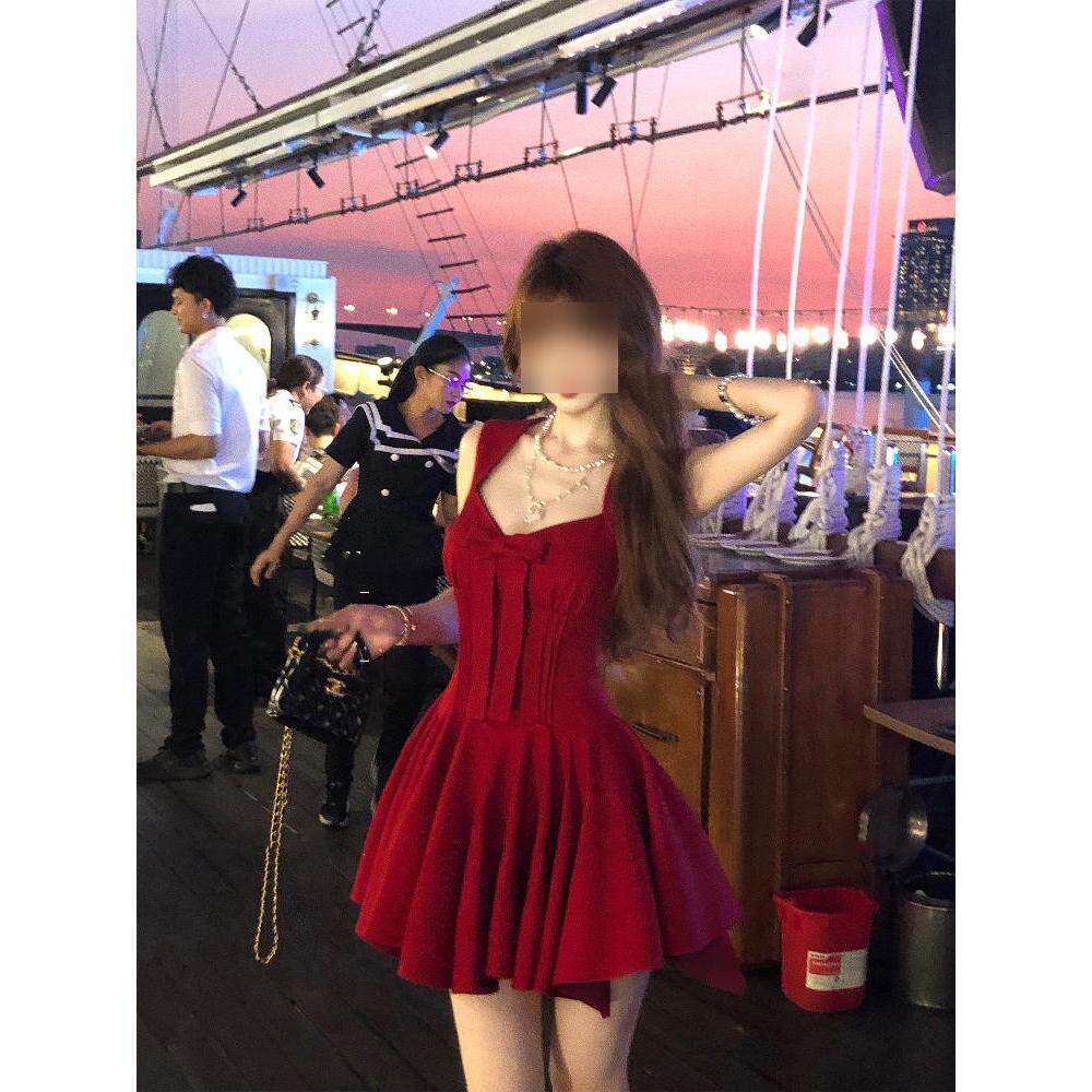 新款休闲夏装高级感法式吊带裙子女装红色公主礼服短款连衣裙夏季