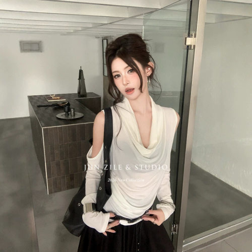 秋季上衣女设计感气质辣妹修身显瘦荡领露肩长袖T恤衫广州十三行