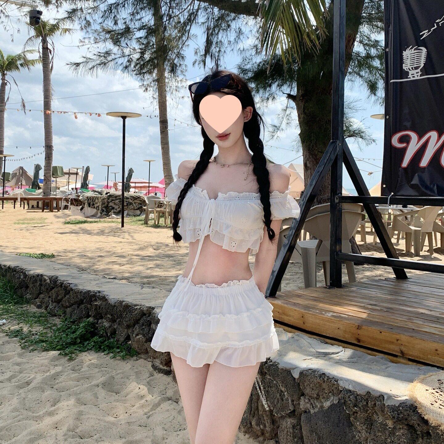 纯欲甜辣妹度假风旅游性感一字肩短款上衣搭配蛋糕裙白色两件套女