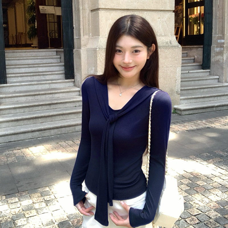 法式披肩设计感假两件上衣新款秋冬纯欲风V领螺纹针织衫女长袖T恤