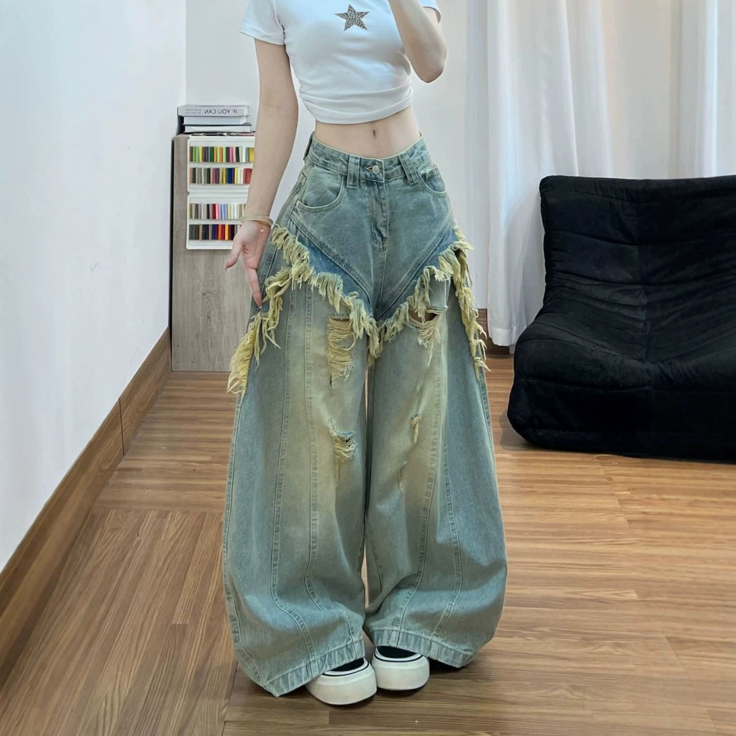 梨形身材设计感流苏毛边牛仔裤女2026新款复古拼接显瘦阔腿拖地裤