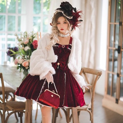 【清仓秒杀】原创锦鲤系列丝绒LOLITA连衣裙秋冬有花边版现货掉落