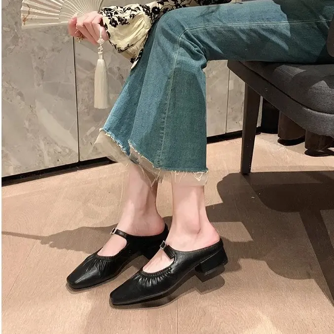 葡萄妈法式包头拖鞋玛丽珍鞋女粗跟一脚蹬银色单鞋女2025半拖鞋子