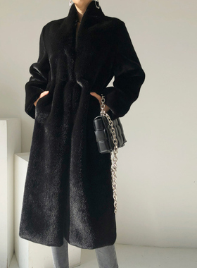 华洋貂皮大衣中长款女毛绒外套立领冬季2025新款黑色仿水貂绒皮草