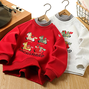 男童加绒红色卫衣马年拜年服2026新款儿童本命年上衣中大童冬装潮