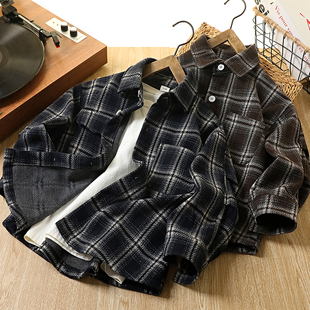 男童格子衬衫春秋2025新款儿童时髦长袖外套中大童帅气百搭上衣潮