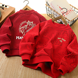 男童加绒红色卫衣马年2026新年款儿童过年拜年服中大童本命年上衣