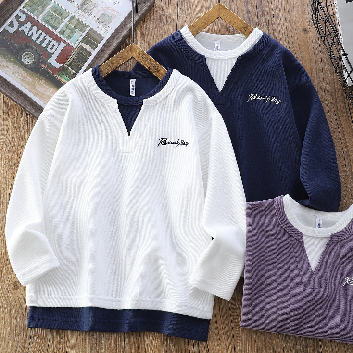 男童假两件卫衣春秋2026新款儿童时髦洋气长袖上衣中大童打底衫潮