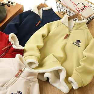 男童加绒立领卫衣秋冬2025新款儿童保暖羊羔绒上衣中大童红色衣服