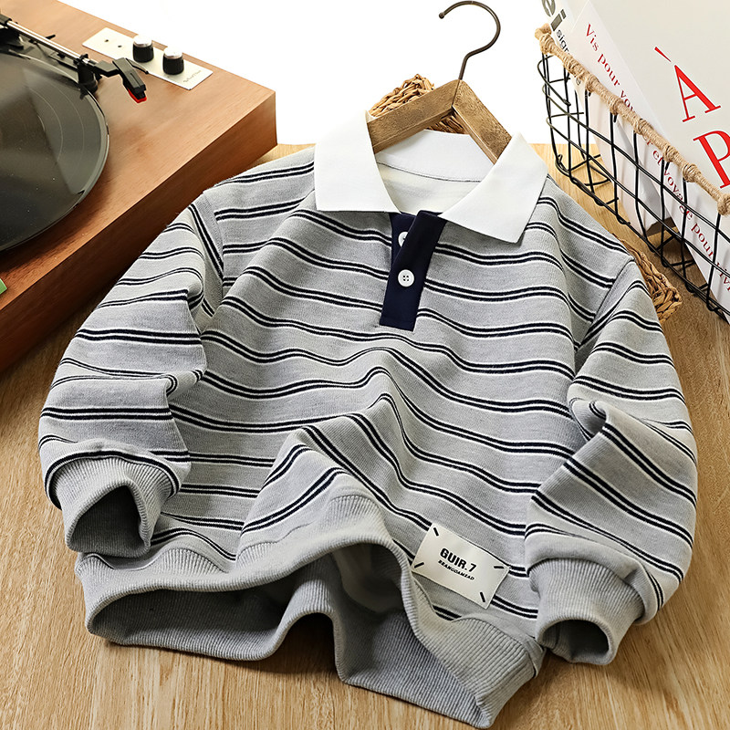 男童条纹卫衣春秋2026新款时髦儿童polo衫长袖中大童翻领洋气上衣