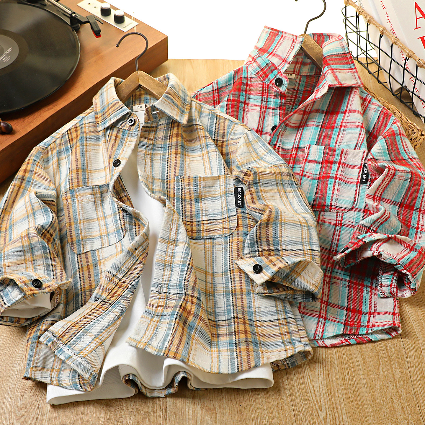男童纯棉格子衬衫春秋2026新款儿童翻领衬衣外套中大童时髦上衣潮