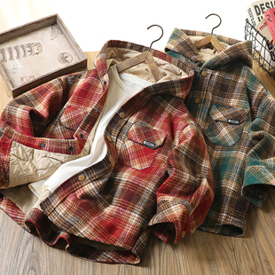 男童夹棉格子外套秋冬2025新款儿童加厚连帽衬衫上衣中大童棉服潮