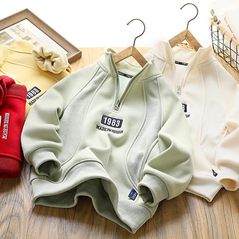 男童半拉链加绒卫衣秋冬2025新款儿童立领洋气加厚上衣中大童衣服
